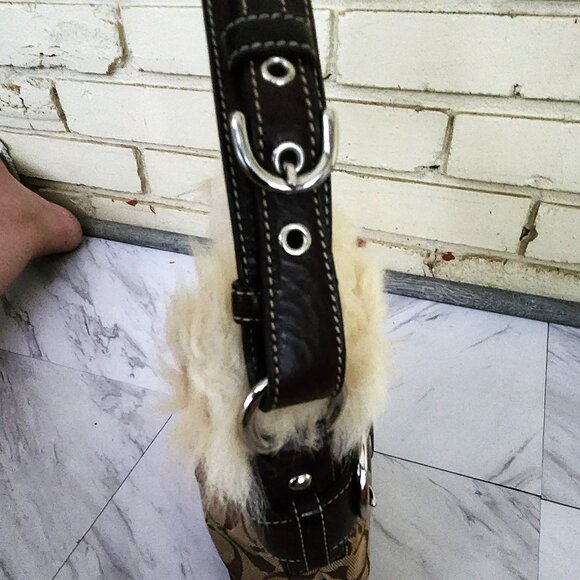 Euc Coach Signature Canvas Shearling Duffle Khaki Handbag Tote Bag Purse - Picture 11 of 13